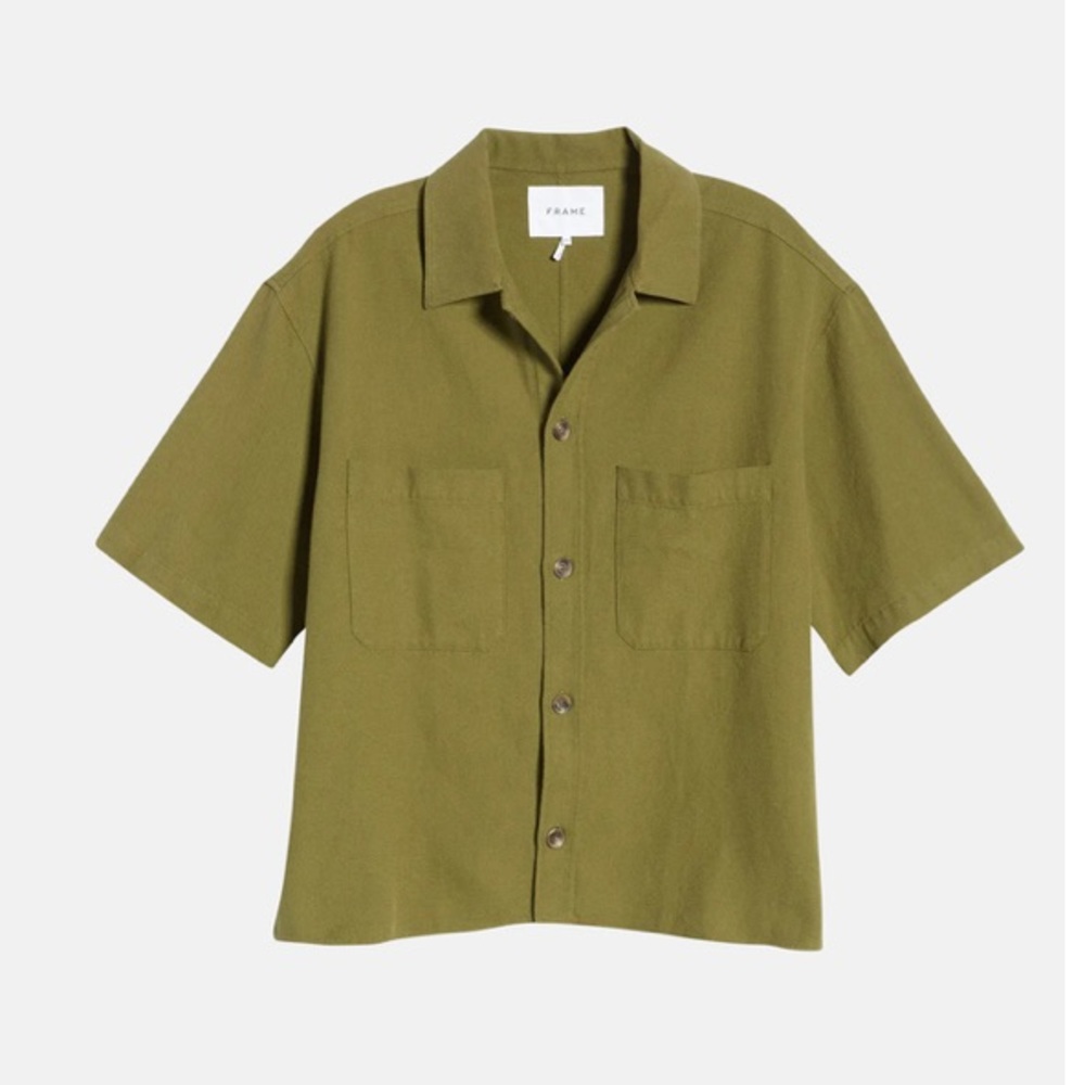 MENS FRAME denim Button down short sleeve cargo Front Pocket Shirt rifle MED NWT